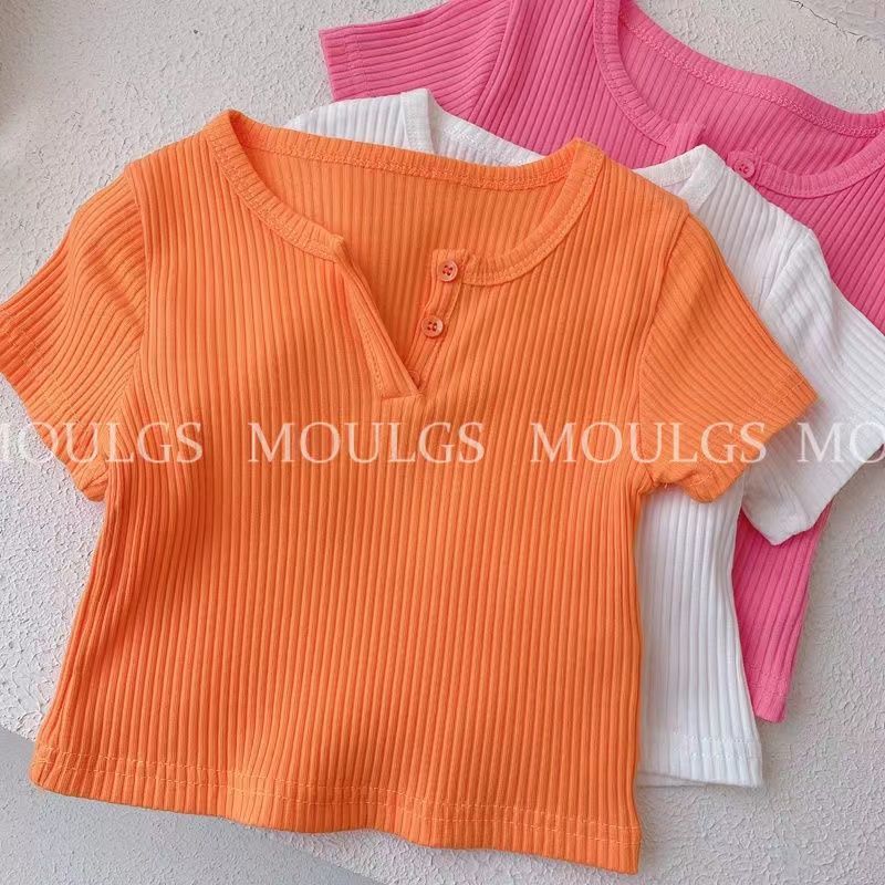 Korean version of children's clothing 2023 summer ice silk new girls' tops candy-colored small high-waist elastic pit strip short-sleeved T-shirt