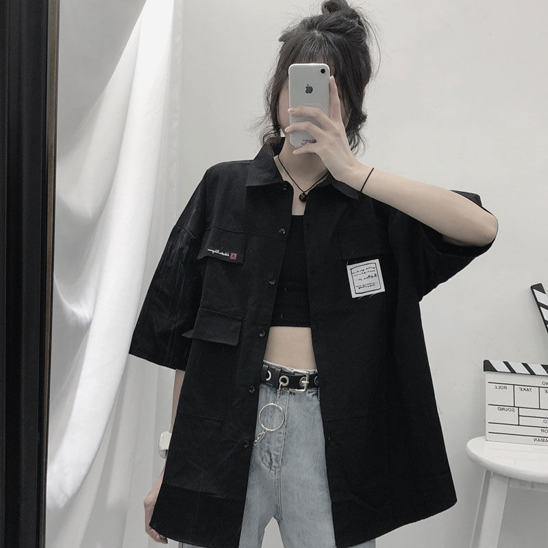Summer Korean version of ins Harajuku retro embroidery half-sleeved tooling shirt bf loose short-sleeved shirt top men and women tide