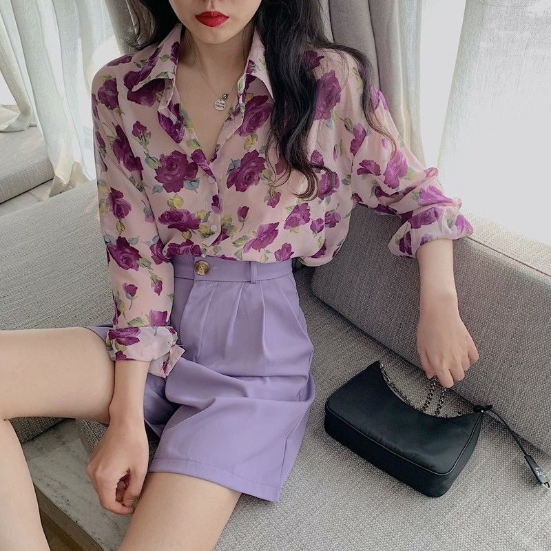Hong Kong style retro floral chiffon shirt female design sense niche Korean version loose and thin summer thin section sun protection top