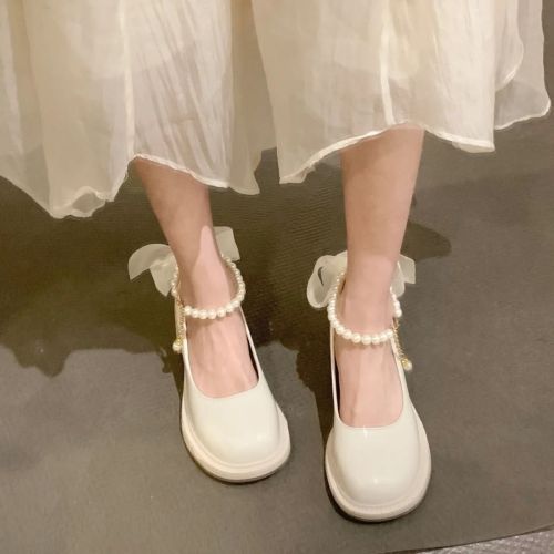 French Mary Jane shoes women's spring 2023 new pearl bow thick-heeled high-heeled sandals fairy wind small leather shoes