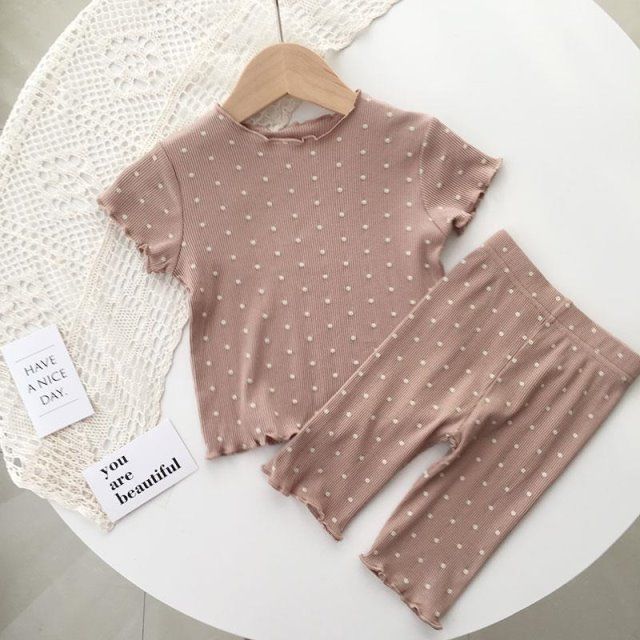 Baby pajamas summer thin suit polka dot foreign style girls summer two-piece set home service children's air-conditioning clothing female