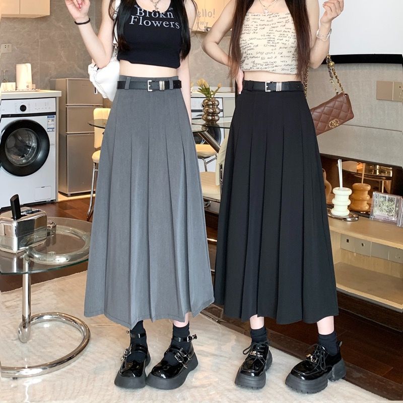 High-grade gray suit pleated skirt women's spring and summer new high waist thin a-line skirt mid-length temperament skirt