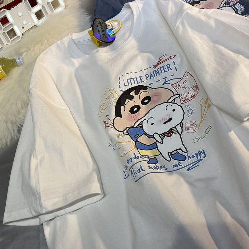 100 pure cotton niche T-shirt men and women ins Korean version of the student summer loose cartoon top couple wild half-sleeved ins