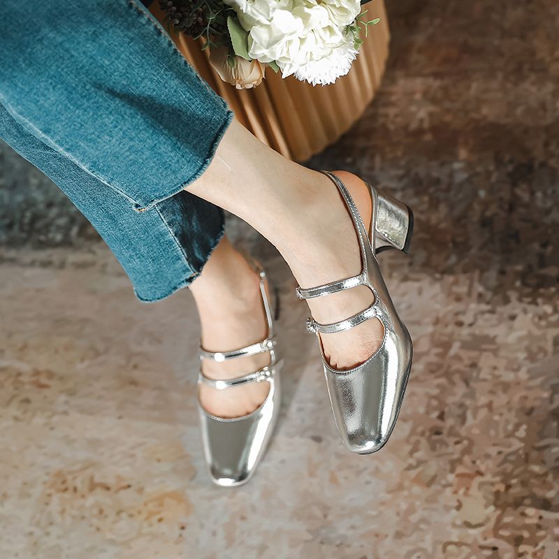 Korean version of silver Baotou sandals women's thick-heeled single shoes 2023 summer new Hepburn style Mary Jane shoes back empty high heels