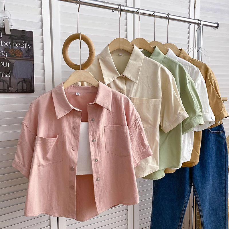 Casual all-match solid color short-sleeved shirt female summer 2023 new Korean version single-breasted POLO collar cardigan shirt