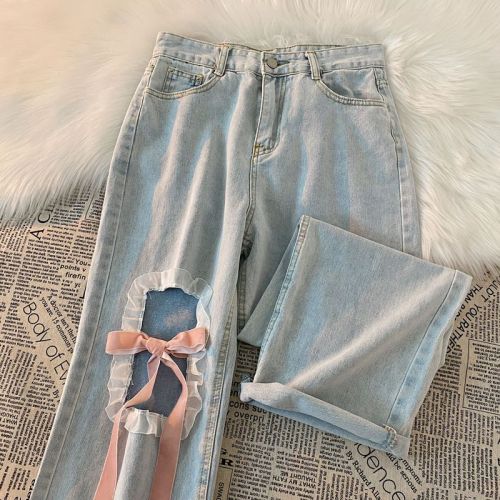 Design sense jeans trousers sweet wind bow tie lace all-match ripped holes high waist straight wide leg pants women