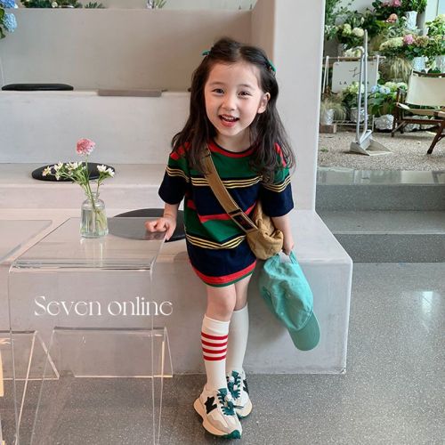 Girls T-shirt skirt summer mid-length Korean version of pure cotton color contrast striped dress new style girl top trend
