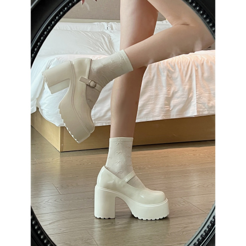 Thick high-heeled small leather shoes women's British style 2023 new spring and summer one-word buckle single shoes shallow mouth Mary Jane women's shoes
