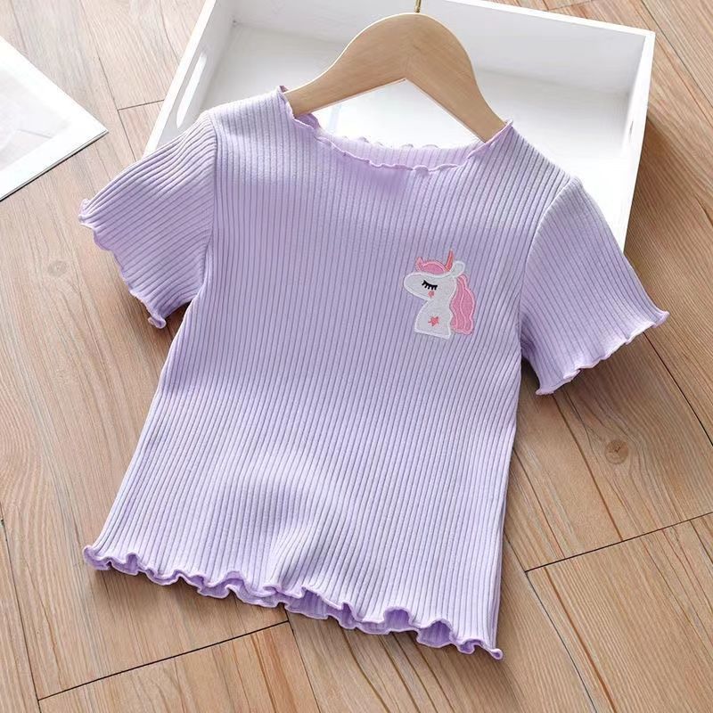 Girls summer short-sleeved t-shirt 2023 new ice silk children's half-sleeved bottoming shirt girl candy color foreign style top