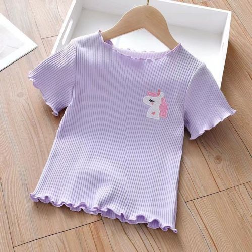 Girls summer short-sleeved t-shirt  new ice silk children's half-sleeved bottoming shirt girl candy color foreign style top