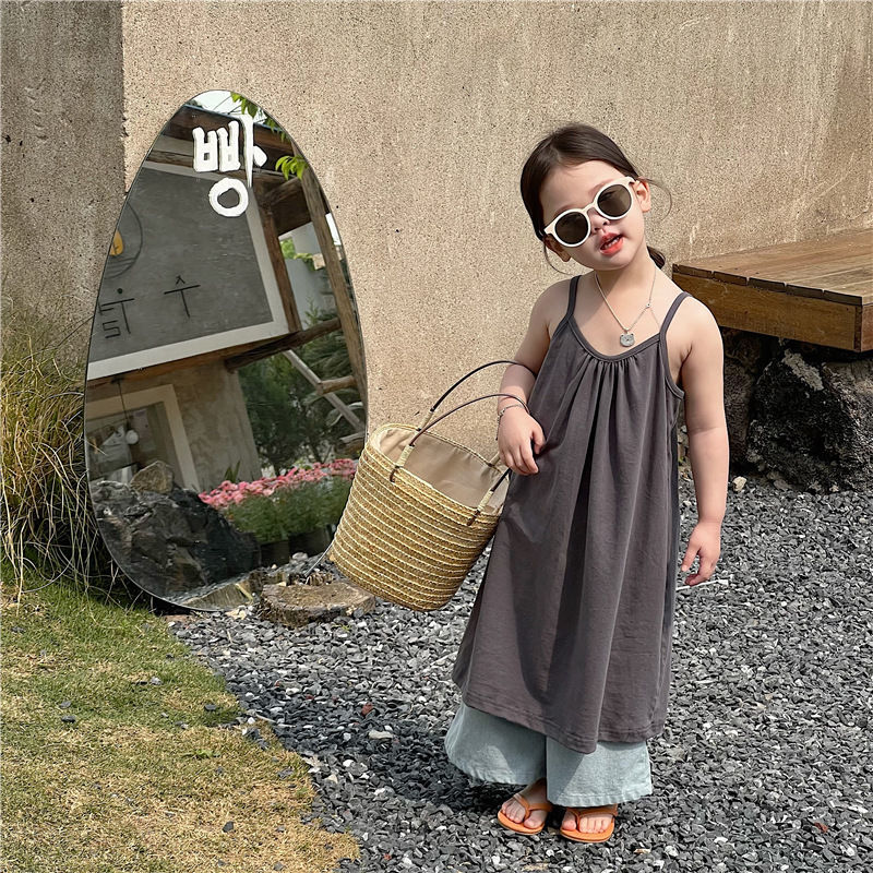Korean children's clothing girl's suspender skirt vest skirt summer new children's foreign style pure cotton dress solid color long skirt