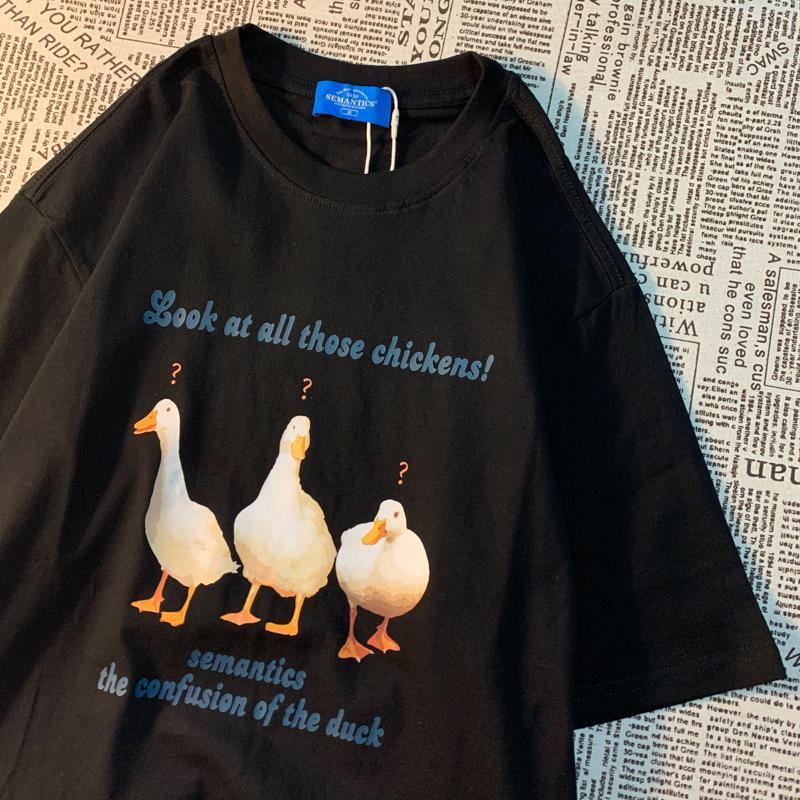 100% cotton American retro fun three ducks printed short-sleeved t-shirt men and women couple loose top tee tide