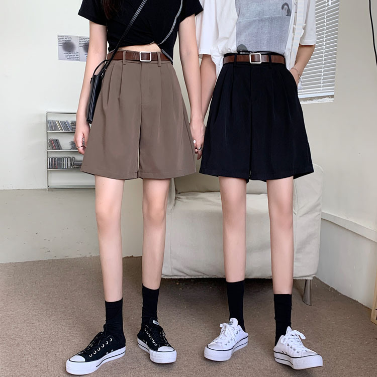 Real shot real price free belt 2023 Korean version of suit pants wide-leg pants semi-elastic waist loose texture casual shorts