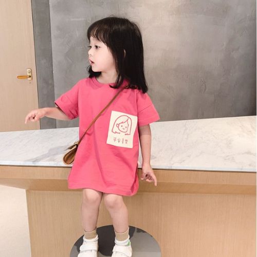 Cotton short-sleeved small and medium-sized children's clothing women's t-shirt skirt top mid-length  summer new style western style clothes tide T