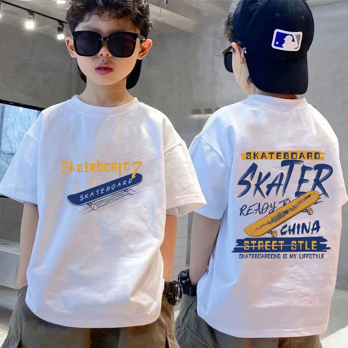 Cotton boy cartoon skateboard printed T-shirt 2023 trendy children's round neck handsome all-match short-sleeved top