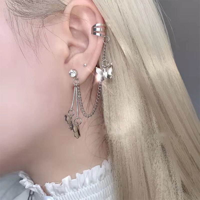 Ins Butterfly Tassel Stud Earrings Female Trendy Student Korean Version Simple Net Red Ear Clip No Ear Hole Super Fairy Ear Bone Clip
