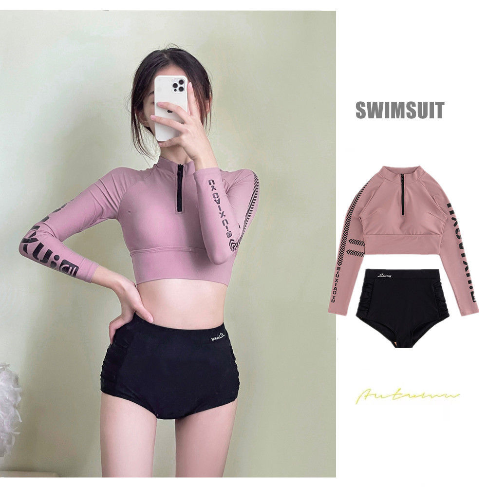 South Korea's 2022 new sexy long-sleeved high-waist swimsuit female conservative sports students cover belly and look thin hot spring swimsuit
