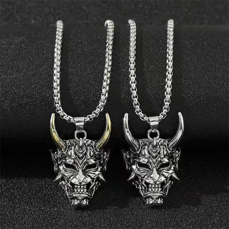 Dark Japanese Prajna Mask Necklace Male Retro Net Red Hip Hop New Titanium Steel Pendant Japanese Mask Pendant