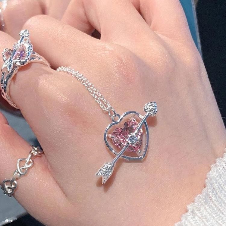 Sweet Pink Diamond Cupid Love Necklace Ins Student Female Arrow Piercing Heart Pendant Girlfriend Chain Clavicle Chain