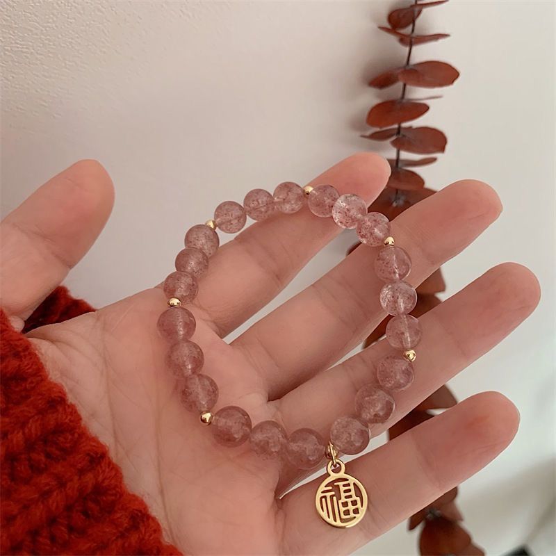 Strawberry Jingfu Cai Pendant Bracelet Bead Chain Female Move Peach Blossom Transfer Powder Crystal Temperament Hand Jewelry Send Girlfriend to Girlfriend