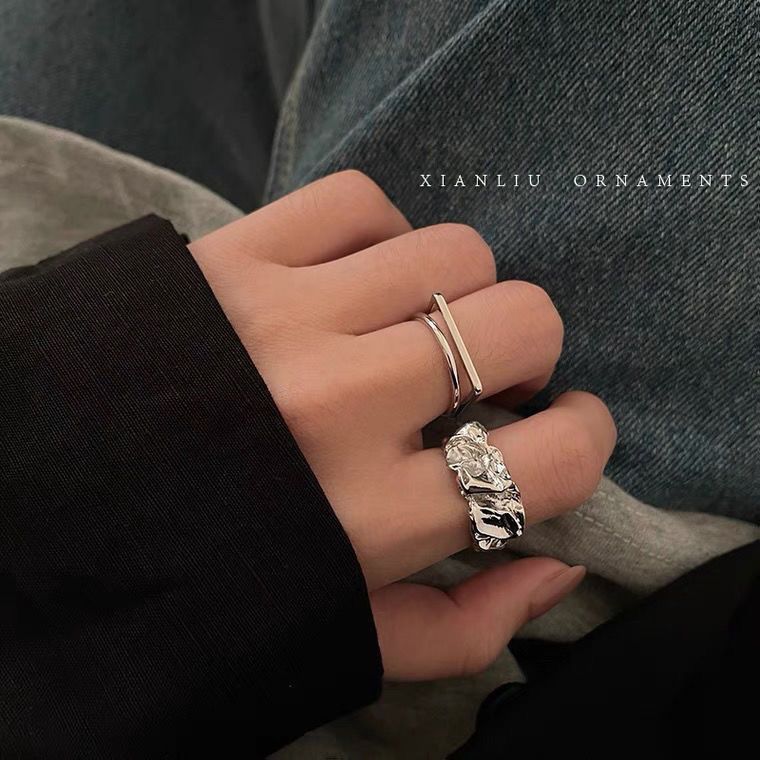 Geometric two-piece ring women's retro high-end light luxury fashion personality ring simple and cold wind jewelry
