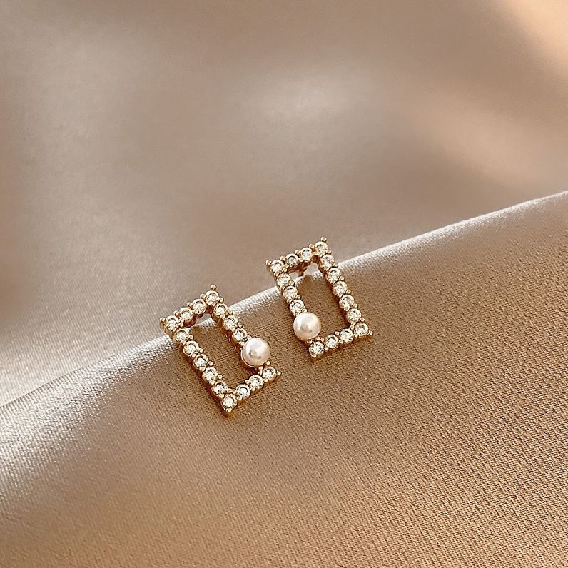 S925 silver needle Korean small pearl new trendy temperament geometric square earrings earrings for women
