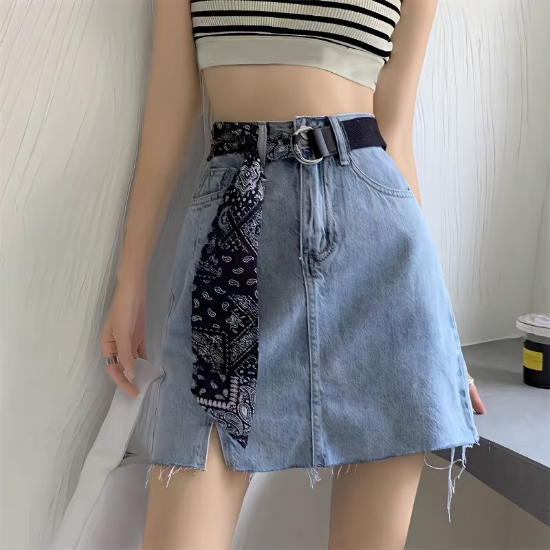 Korean version of large size denim skirt slit skirt women's summer 2023 new design sense bag hip high waist a-line skirt