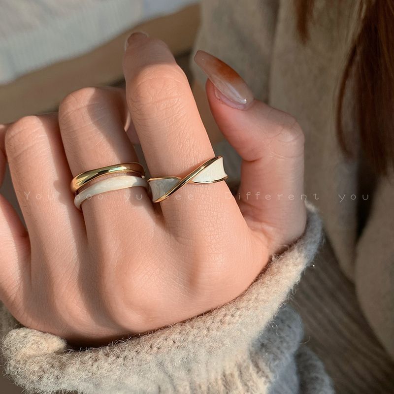 Gold cross double-layer drop glaze ring female ins niche design opening fashion ring light luxury personality index finger ring