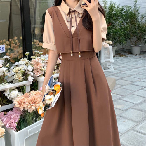 Retro splicing short-sleeved dress women's summer college style plus size fat mm thin and belly-covering fake two-piece long skirt in summer