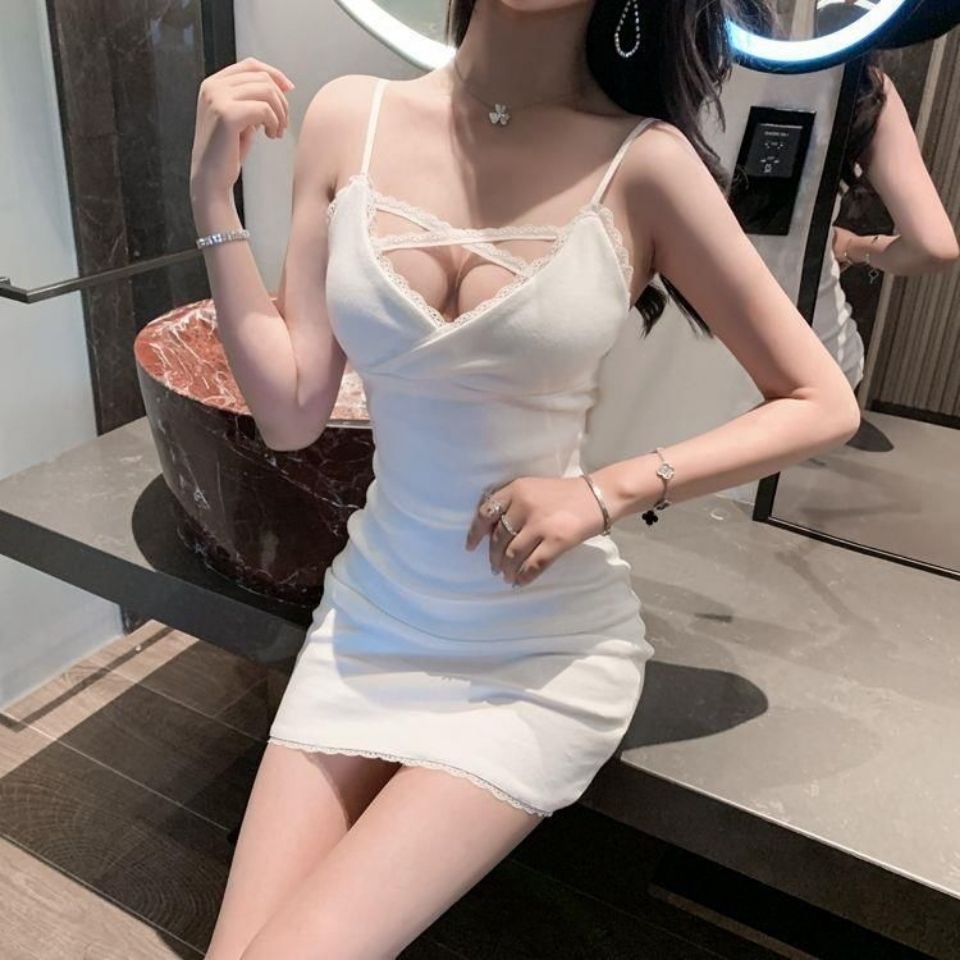 Lace cross lace suspenders low-cut V-neck slim skirt new bottoming slim dress bag hip skirt women