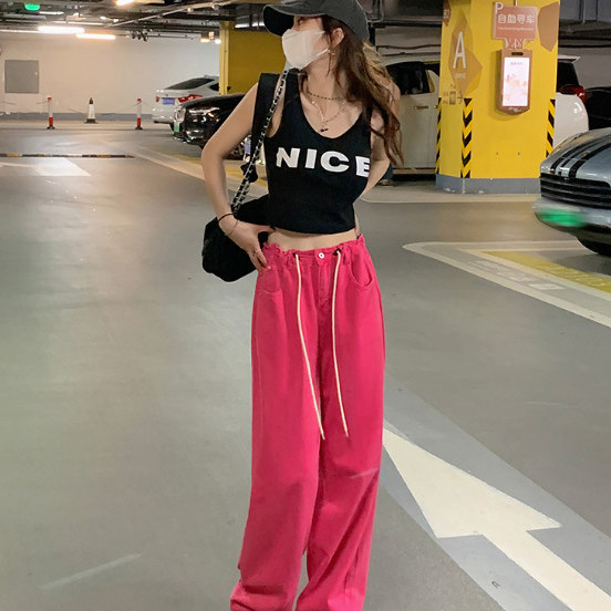 Yang Bubble rose pink design niche jeans women's 2023 spring and summer new high waist straight loose casual pants