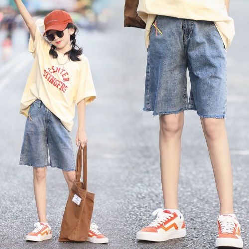 Denim shorts girls high waist loose casual five-point pants summer straight wide thin section trendy ins style Japanese pants