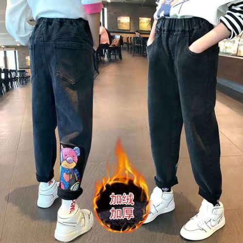 Girls' jeans autumn and winter new middle and big children's casual children's fleece trousers students loose foreign style pants