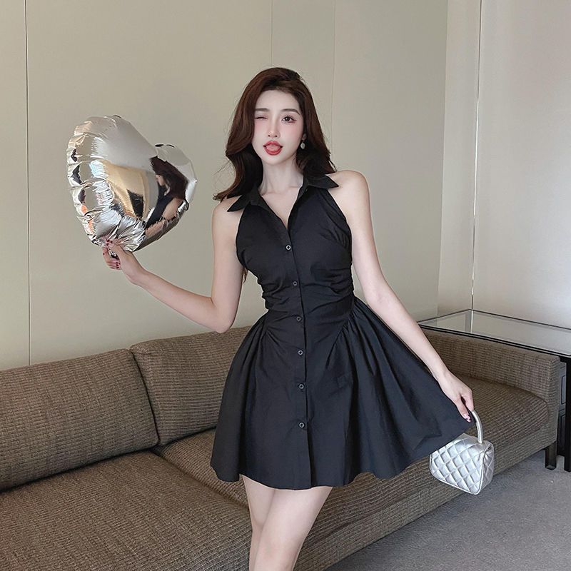 Halter neck strapless shirt skirt 2023 summer new Korean version of sexy pure desire wind waist slim sleeveless dress