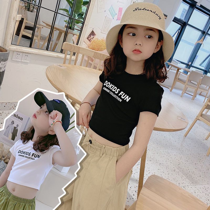 Children's clothing girls short-sleeved T-shirt summer new children's letter short tops middle and big children's belly button T-shirt tide