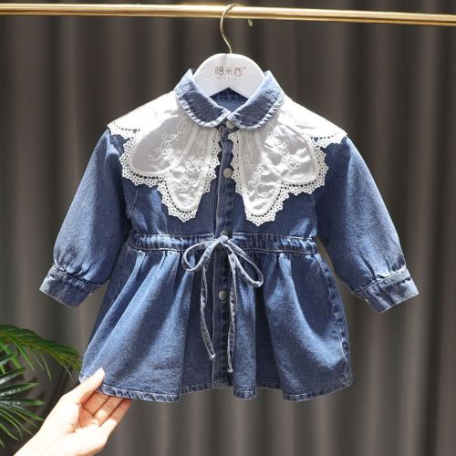 Girls Western Style Washed Denim Waist Dress Autumn Dress 1-4 Years Old Baby Hepburn Denim Jacket