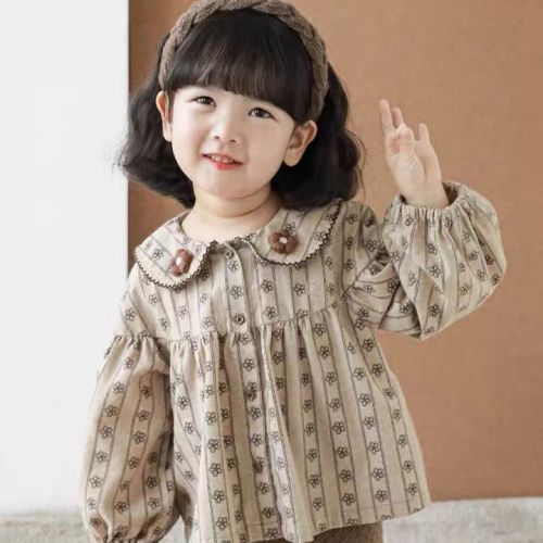 Spring children's loose shirt retro printing baby girl autumn Korean casual top trendy girl's cotton shirt