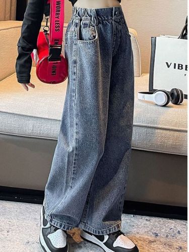 Girls' jeans autumn wide-leg pants loose all-match trousers middle-aged and older children's fashionable casual straight-leg pants Korean pants