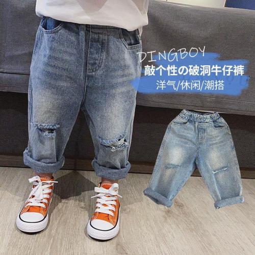 Children's clothing summer spring and autumn boys ripped jeans summer loose Korean version casual baby boys and girls