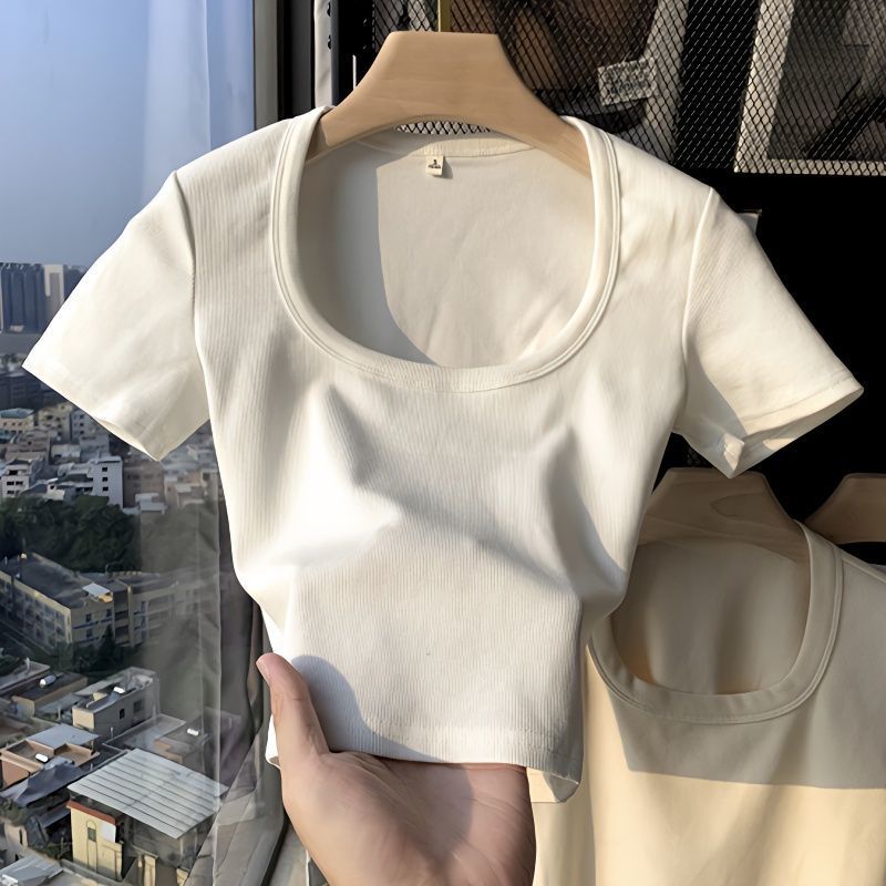 U-neck short top 2023 summer new short-sleeved t-shirt girls slim and thin