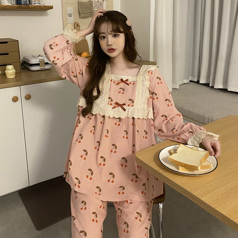 Court style ins lace cute pajamas women's suit autumn and winter sweet student spring home service two-piece set