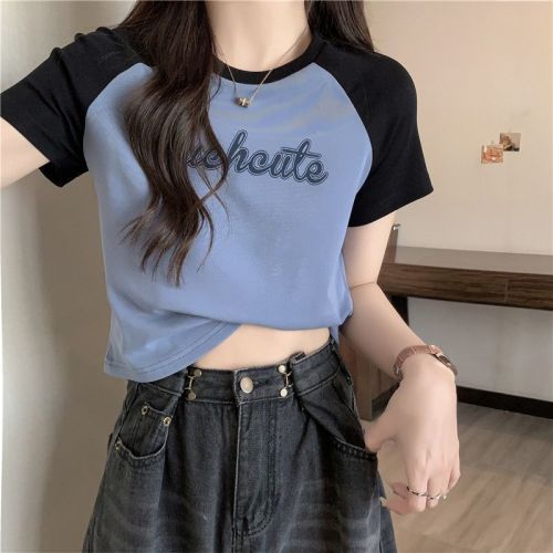 Contrasting color raglan shoulder short-sleeved T-shirt women's summer dress looks thin short half-sleeved bottoming shirt tide brand Hong Kong style chic top