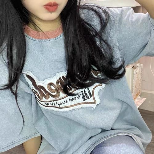ins retro American high street letter patch print hit color loose washed denim short-sleeved t-shirt student female national tide