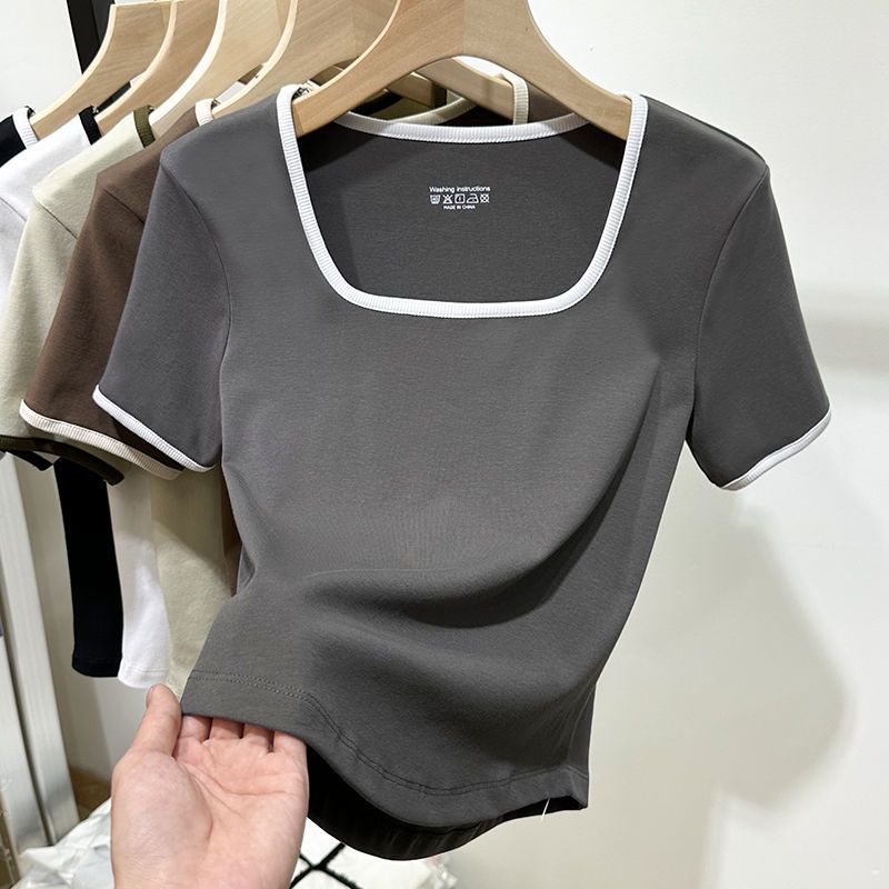 Large size women's Korean version U-neck front shoulder French short top women's summer fat sister all-match belly cover short t-shirt