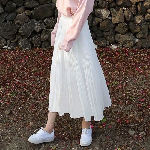 Pleated chiffon skirt women's mid-length  spring and summer new a-line slim skirt suitable for thick hips and thighs