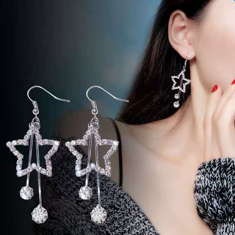 Rhinestone five-pointed star earrings Korean all-match net red temperament personality new earrings all-match exaggerated long stud earrings women
