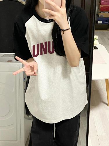 American trendy brand raglan sleeves short-sleeved T-shirt women's summer color contrast stitching college style half-sleeved lazy wind loose top