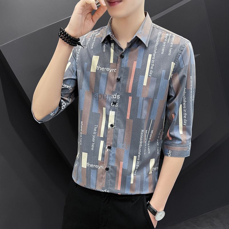 Three-quarter-sleeved shirt men's short-sleeved casual slim summer thin half-sleeved striped shirt men's handsome mid-sleeve inch clothes