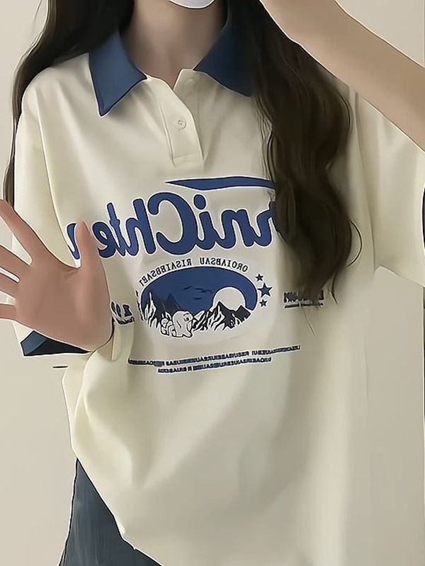 College can't afford the ball POLO collar short-sleeved T-shirt female INS tide brand letters hit color all-match clothes couple outfit