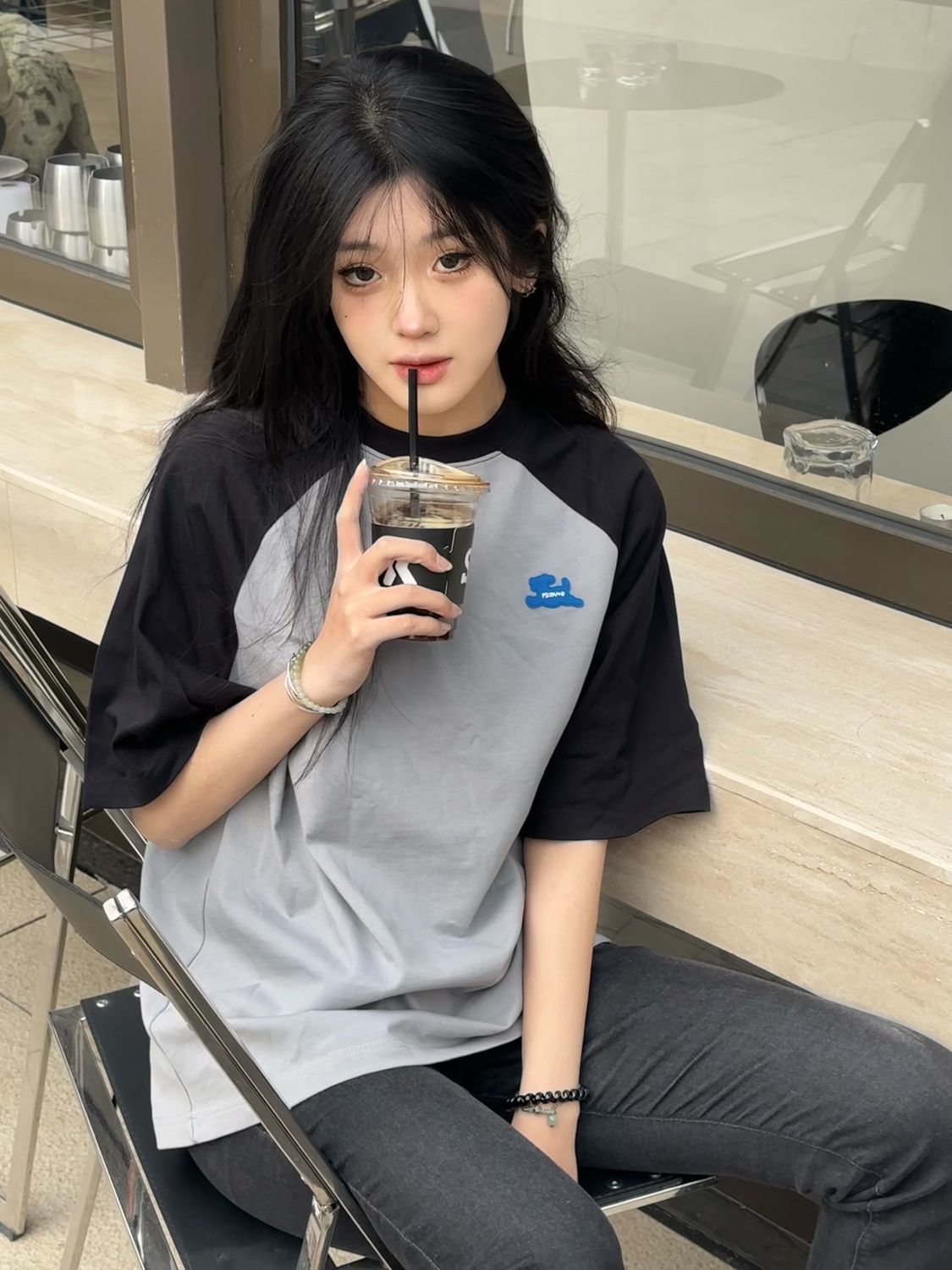 American retro contrast color short-sleeved t-shirt women's summer new ins tide salt system oversize loose couple clothes